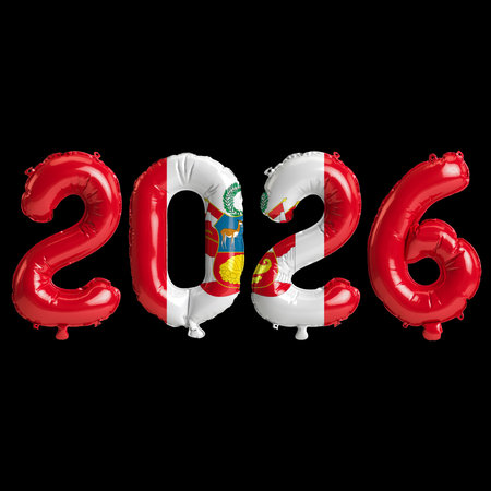 Peru flag colors 2026 3d illustration, balloon numbers 3d rendering on black background premiumの写真素材