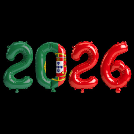 Portugal flag colors 2026 3d illustration, balloon numbers 3d rendering on black background premiumの写真素材