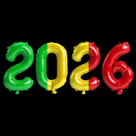 Mali flag colors 2026 3d illustration, balloon numbers 3d rendering on black background premiumの写真素材