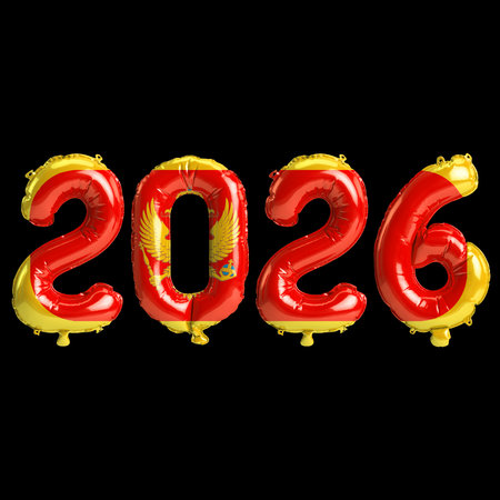 Montenegro flag colors 2026 3d illustration, balloon numbers 3d rendering on black background premiumの写真素材