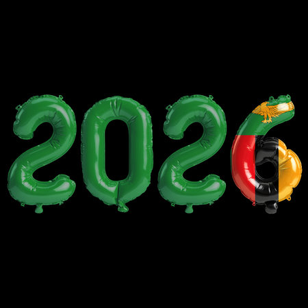 Zambia flag colors 2026 3d illustration, metallic balloon numbers 3d rendering on black background...