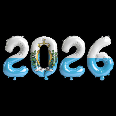 San Marino flag colors 2026 3d illustration, balloon numbers 3d rendering on black background...