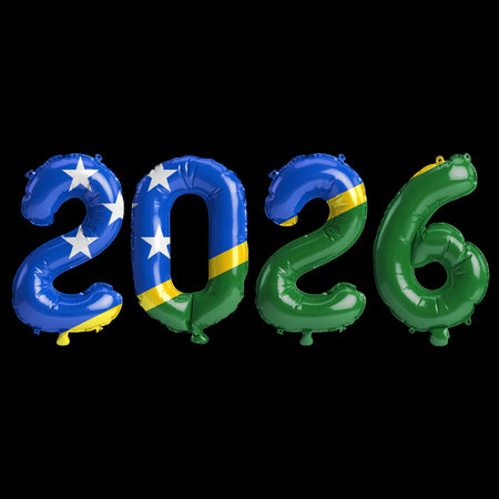 Solomon Islands flag colors 2026 3d illustration, balloon numbers 3d rendering on black background