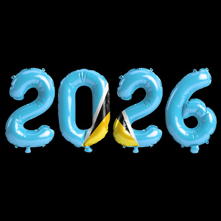 Saint Lucia flag colors 2026 3d illustration, balloon numbers 3d rendering on black background...