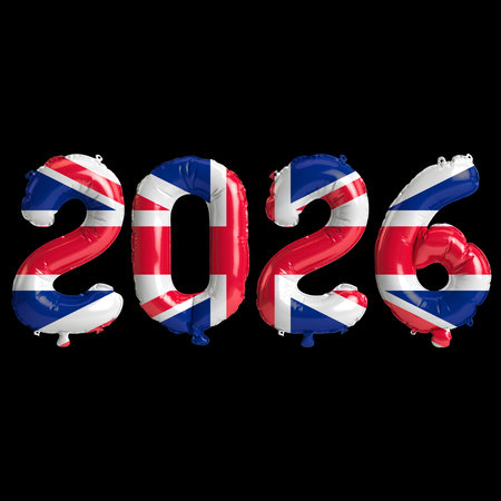 United Kingdom flag colors 2026 3d illustration, metallic balloon numbers 3d rendering on black...