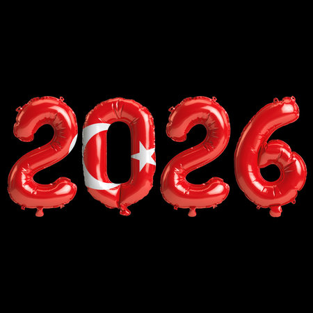 Turkey flag colors 2026 3d illustration, balloon numbers 3d rendering on black background premium