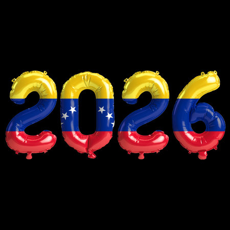 Venezuela flag colors 2026 3d illustration, metallic balloon numbers 3d rendering on black background premiumの写真素材