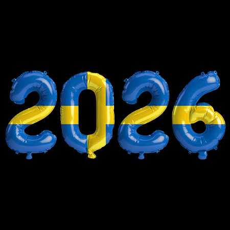 Sweden flag colors 2026 3d illustration, balloon numbers 3d rendering on black background premiumの写真素材