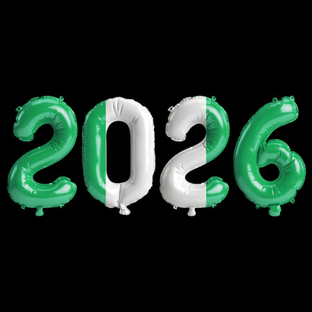 Nigeria flag colors 2026 3d illustration, balloon numbers 3d rendering on black backgroundの写真素材