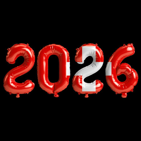 Switzerland flag colors 2026 3d illustration, balloon numbers 3d rendering on black background premiumの写真素材