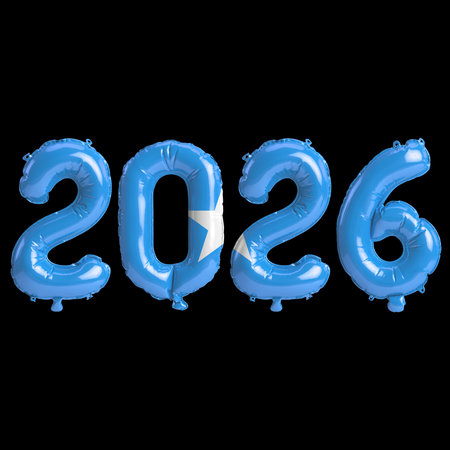 Somalia flag colors 2026 3d illustration, balloon numbers 3d rendering on black background premiumの写真素材