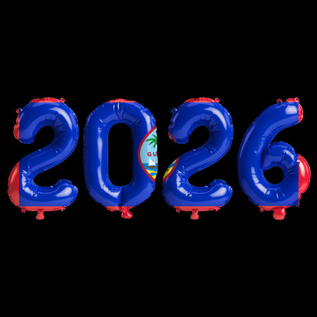 Guam flag colors 2026 3d illustration, balloon numbers 3d rendering on black background premiumの写真素材