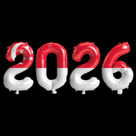 Singapore flag colors 2026 3d illustration, balloon numbers 3d rendering on black background premium