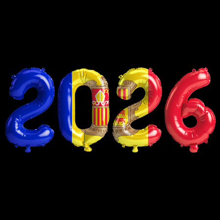Andorra flag colors 2026 3d illustration, balloon numbers 3d rendering on black background premiumの写真素材
