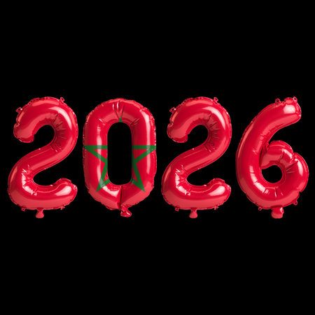 Morocco flag colors 2026 3d illustration, balloon numbers 3d rendering on black background premiumの写真素材
