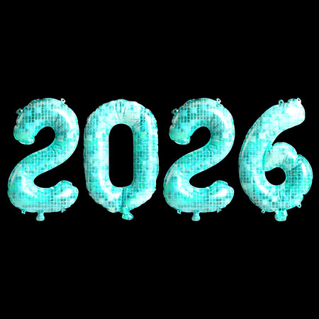 3d Illustration of Graphic 2026 Balloon Numbers on Black Backgroundの写真素材