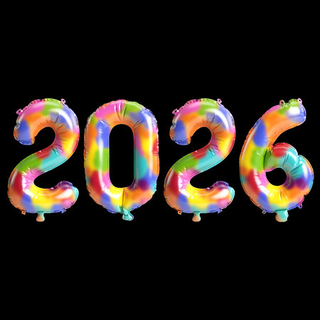 3d Illustration of Colorful 2026 Balloon Numbers on Black Background