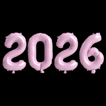 3d Illustration of Pink 2026 Balloon Numbers on Black Backgroundの写真素材