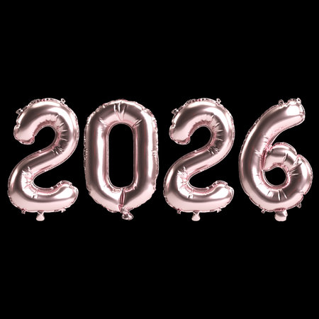 3d Illustration of Rose Silver 2026 Balloon Numbers on Black Background