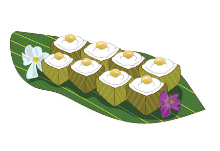 Stock Illustration: Dessert, Thai dessert, placed on banana leavesのイラスト素材