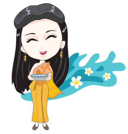 Illustration, vector, woman wearing Thai clothes carrying water bowl, Songkran festival, white backgroundのイラスト素材