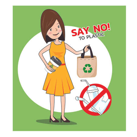 say no to plastic, use cloth bags,boy with a cloth bag, World environment day concept. Green Eco Earth. Vector illustration.のイラスト素材