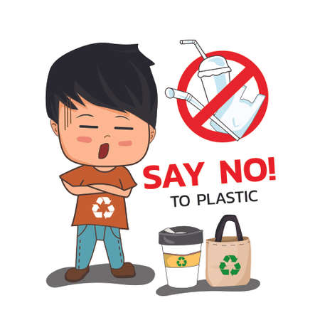 say no to plastic, use cloth bags,boy with a cloth bag, World environment day concept. Green Eco...