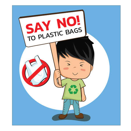 say no to plastic, use cloth bags, man with a cloth bag, Hands up,World environment day concept. Green Eco Earth. Vector illustration.のイラスト素材