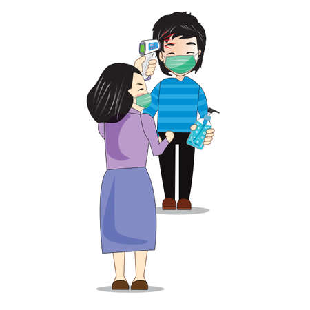 Illustration, vector, fever test before work, wearing a mask and using a gel to wash handsのイラスト素材