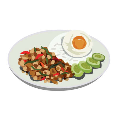 Basil Fried Rice on a plate,vector foodのイラスト素材