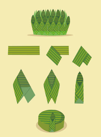 The process of folding a banana leaf to make a krathong, yellow backgroundのイラスト素材