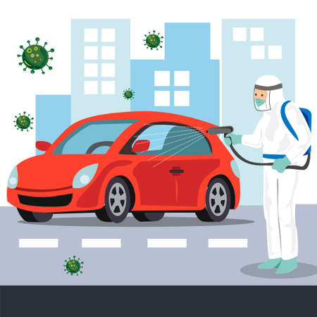 Vector illustration of a coronary injection (Covid-19) personnel sterilizing spray inside the car.のイラスト素材