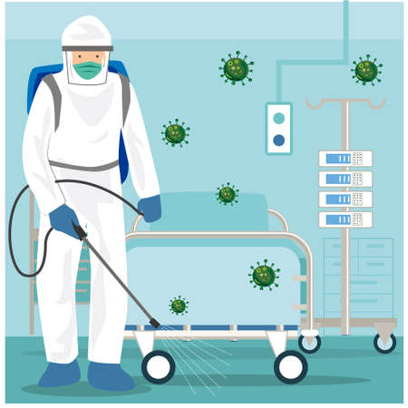 Vector illustration of a coronary injection (Covid-19) personnel sterilizing spray Inside the hospital.のイラスト素材