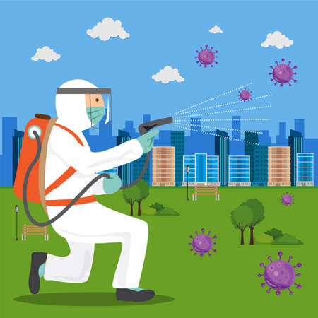 Vector illustration of a coronary injection (Covid-19) personnel sterilizing spray Inside the garden, city.のイラスト素材