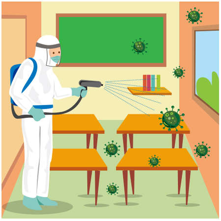 Vector illustration of a coronary injection (Covid-19) personnel sterilizing spray In the classroom.のイラスト素材
