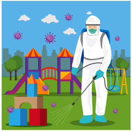 Vector illustration of a coronary injection (Covid-19) personnel sterilizing spray in Playground.のイラスト素材