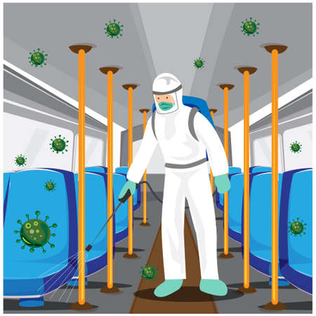 Vector illustration of a coronary injection (Covid-19) personnel sterilizing spray In the bus.のイラスト素材