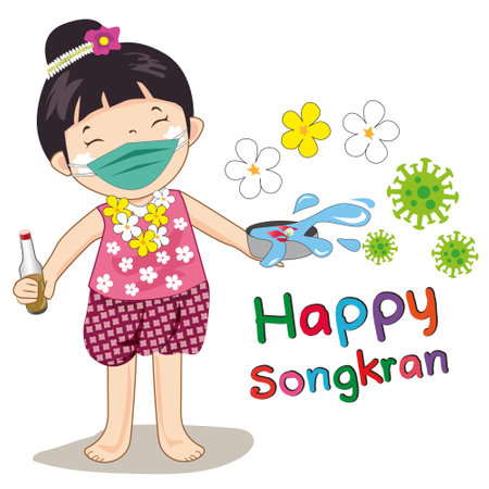 Songkran festival during the pandemic era,
wearing a surgical mask, splashing water
to kill germs.のイラスト素材