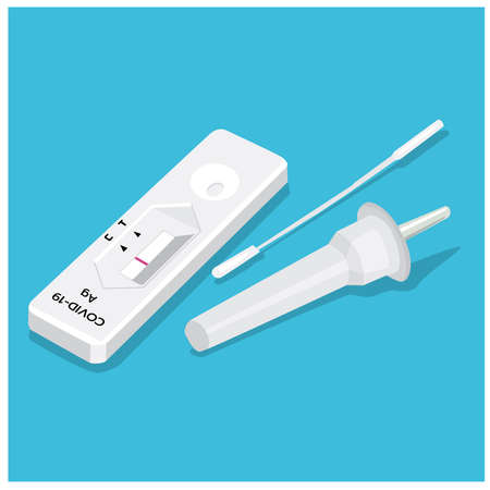 Vector illustration of COVID-19, Antigen test kit (ATK) with results on blue background