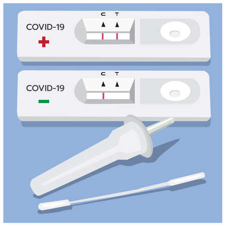 Vector illustration of COVID-19, Antigen test kit (ATK) with results on blue backgroundのイラスト素材