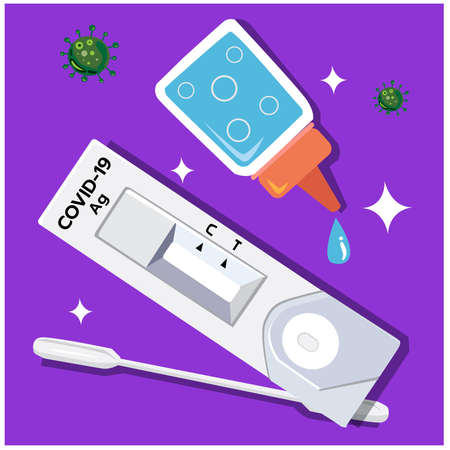 Vector illustration of COVID-19, Antigen test kit (ATK) with results on purple backgroundのイラスト素材