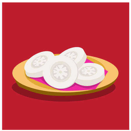 Cooked glutenous rice flour snack (Kanom Goh) vector illustration, 
Chinese pancake made of rice-flour,placed on a plate on red background, Chinese temple celebration, Mid-Autumn Day, festivalのイラスト素材