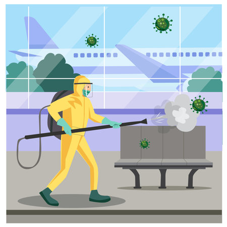 Vector illustration of a coronary injection (Covid-19) personnel sterilizing spray inside the airport.のイラスト素材