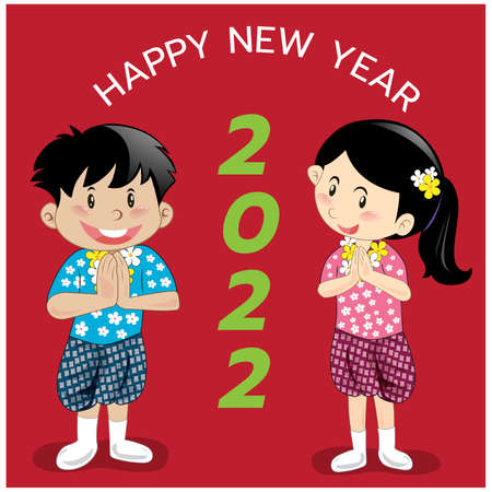 illustration happy new year 2022 male and female characters wearing thai costumes standing hello on a green background For making posters, cards, calendars, other designsのイラスト素材