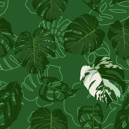 Seamless pattern with monstera leaves on green background. Vector illustration.のイラスト素材