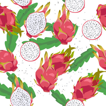 Seamless pattern with dragon fruit and leaves. Vector illustration.のイラスト素材