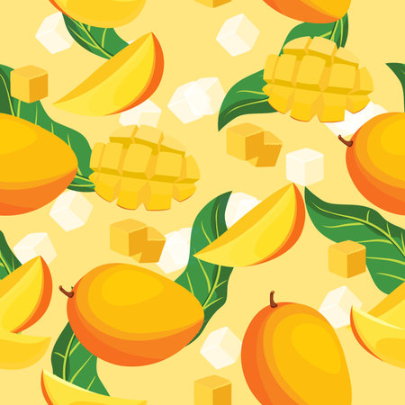 Mango fruit seamless pattern. Vector illustration in flat cartoon style.のイラスト素材