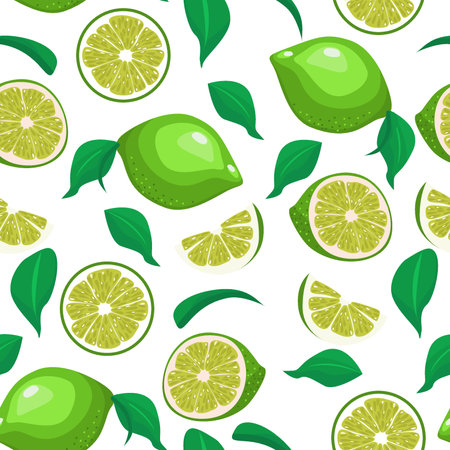 Lime - Summer fruit seamless pattern with lime, half, and leaf. Sweet tropical background for textile, fabric, and decorative paper. Vector illustrationのイラスト素材