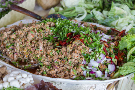 Thai cuisine laab gai spicy minced chicken salad ,for sale in Thai marketの写真素材