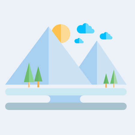 nature landscape illustration with Mountain, sun,cloud and tree,flat designのイラスト素材